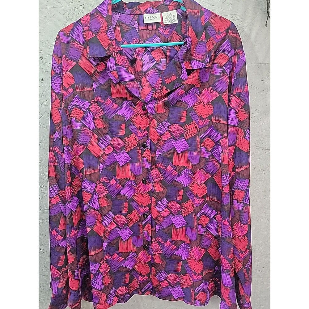 Vintage 90's Liz Baker Red Geo Print Button Front Blouse Women's Size 22